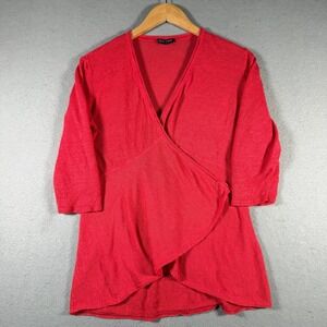 Eileen Fisher Red 100% Linen Wrap Front Cardigan Sweater 3/4 Sleeve Large